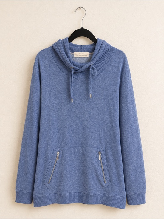 Peyton Primrose Tops - Cozy Blue Cowl Neck Hoodie with Zip Pockets